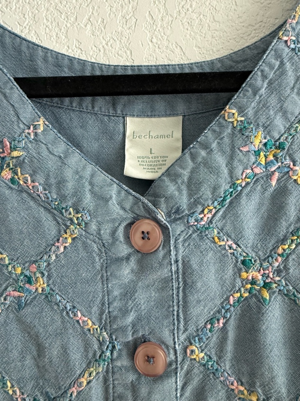 Bechamel Light Blue Embroidered Button-Up Dress Vintage Cotton - Picture 3 of 7